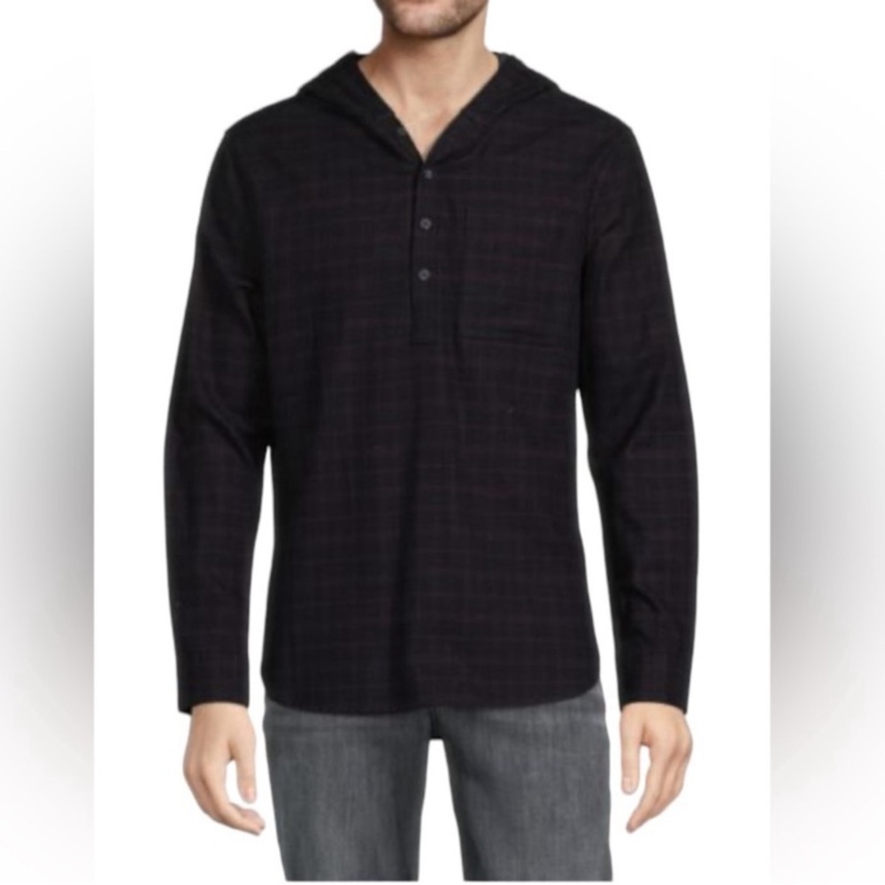 Vince Highway Plaid Half Button Hooded Long Sleeve Pullover Top Shirt